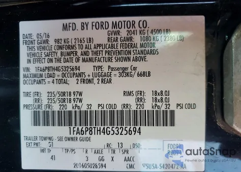 2016 Ford Mustang z USA, uszkodzony, nr VIN 1FA6P8TH4G5325694